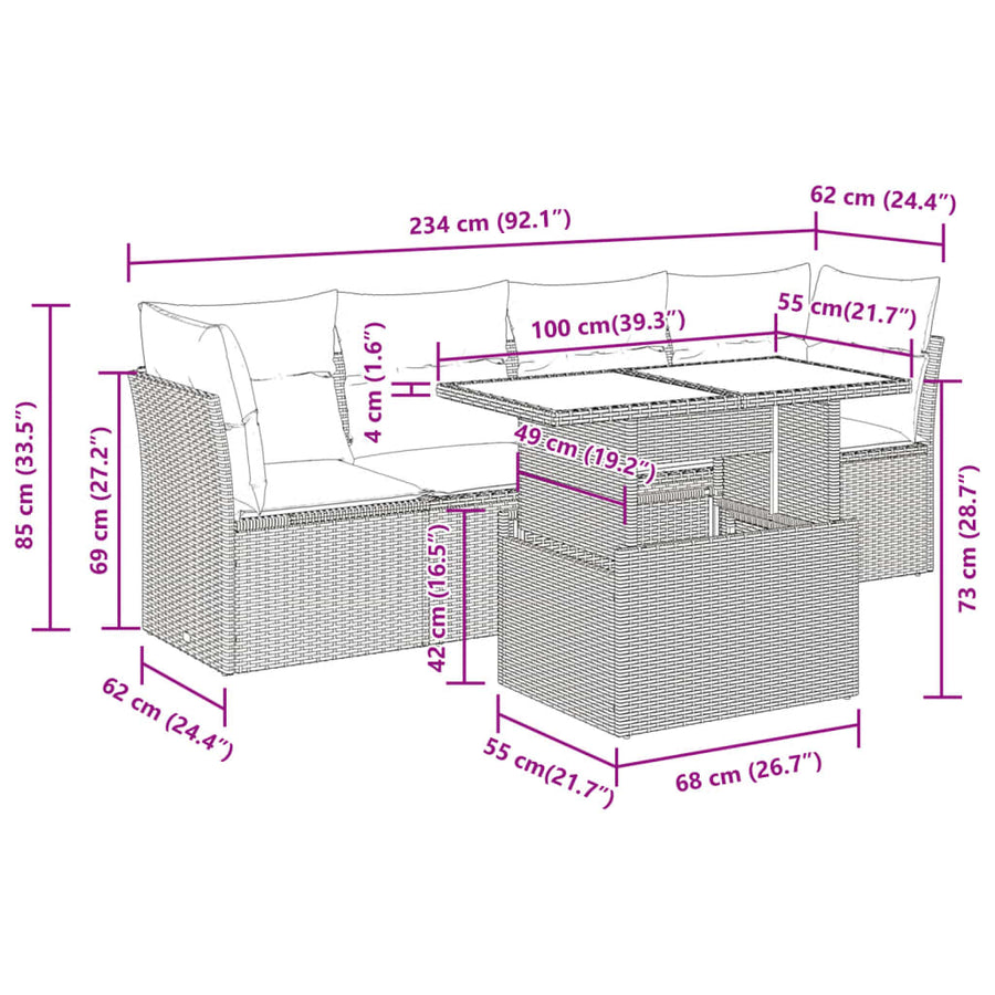 5-delige Loungeset met kussens poly rattan zwart