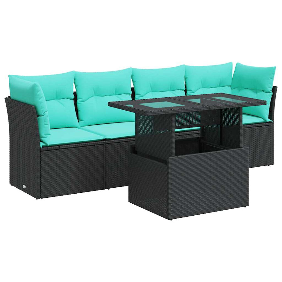 5-delige Loungeset met kussens poly rattan acacia zwart