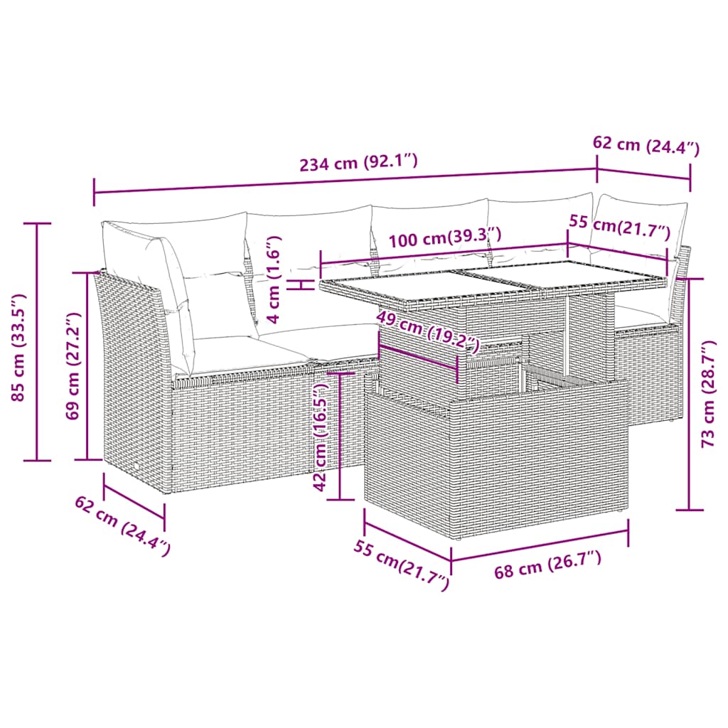 5-delige Loungeset met kussens poly rattan acacia zwart