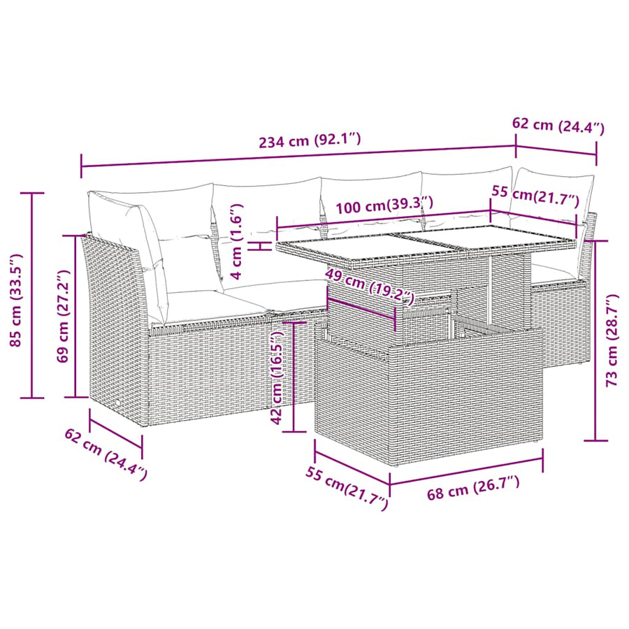 5-delige Loungeset met kussens poly rattan acacia zwart