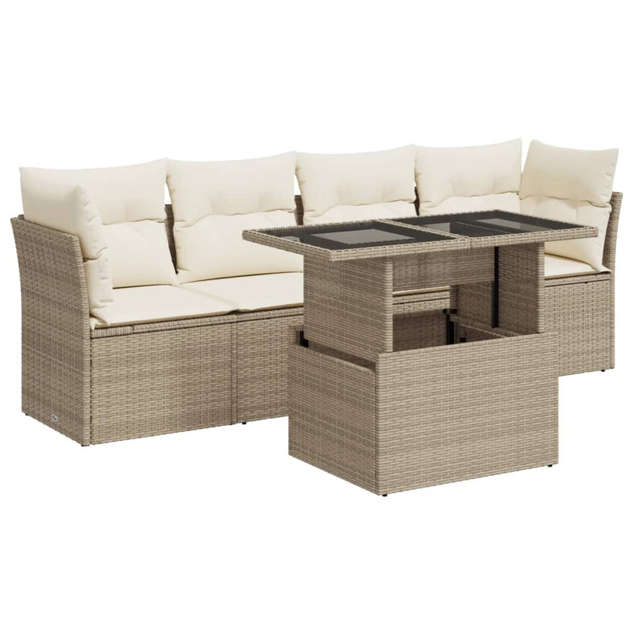 5-delige Loungeset met kussens poly rattan beige