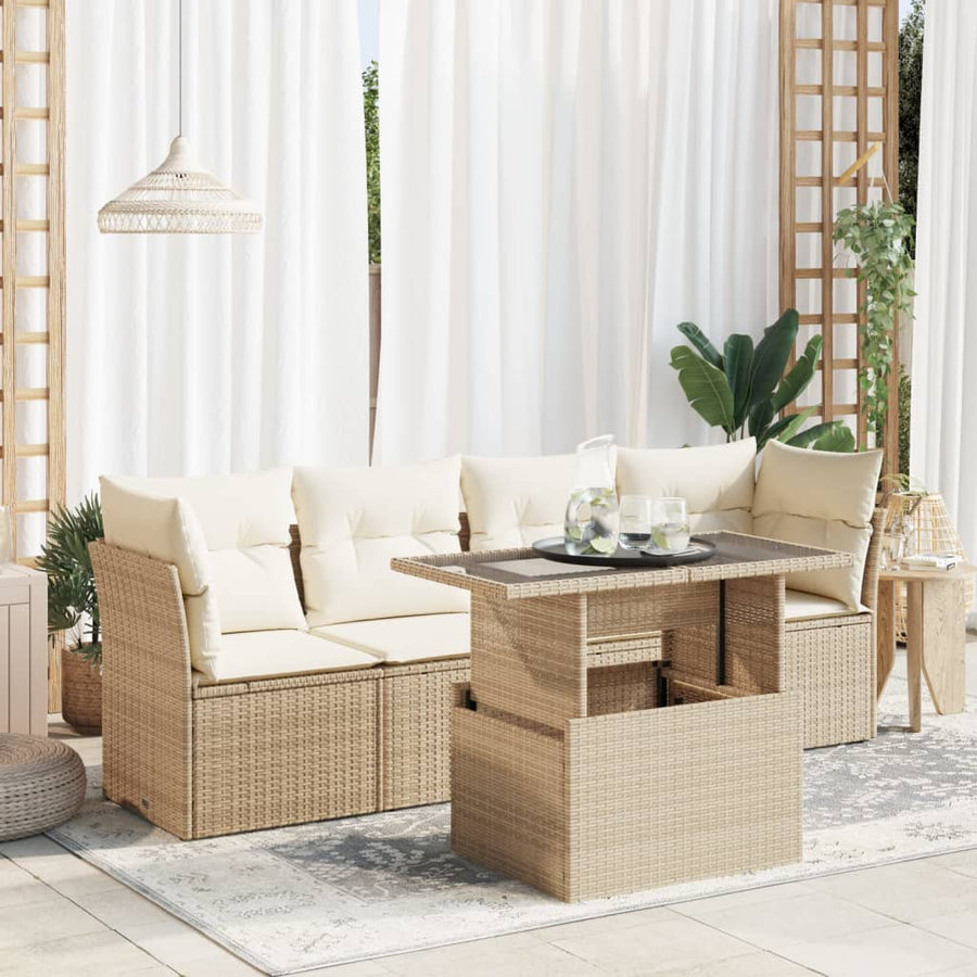 5-delige Loungeset met kussens poly rattan beige