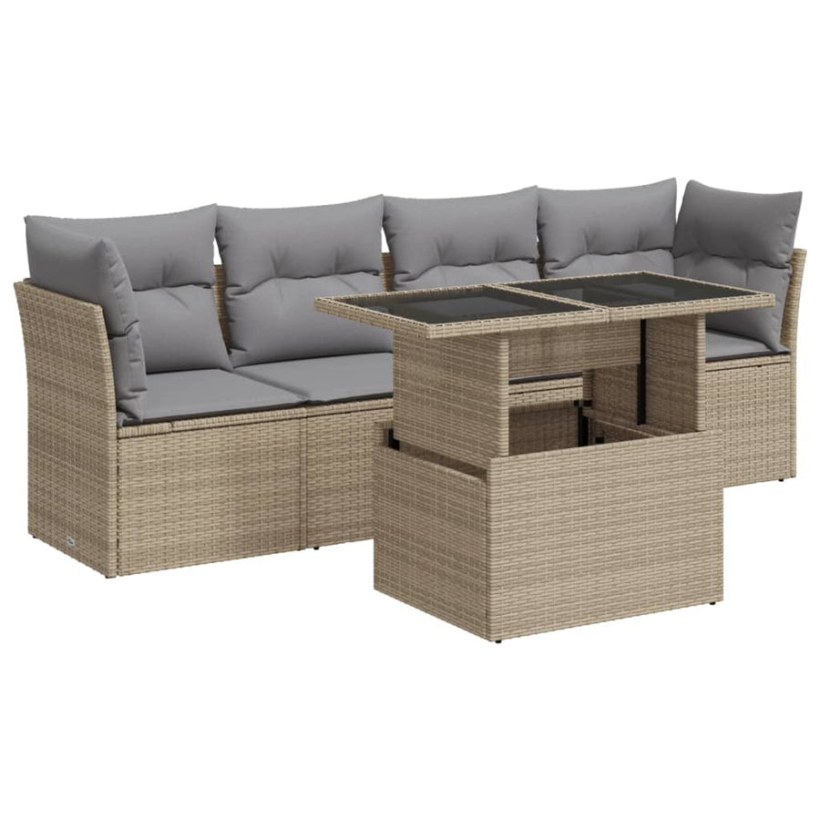 5-delige Loungeset met kussens poly rattan beige