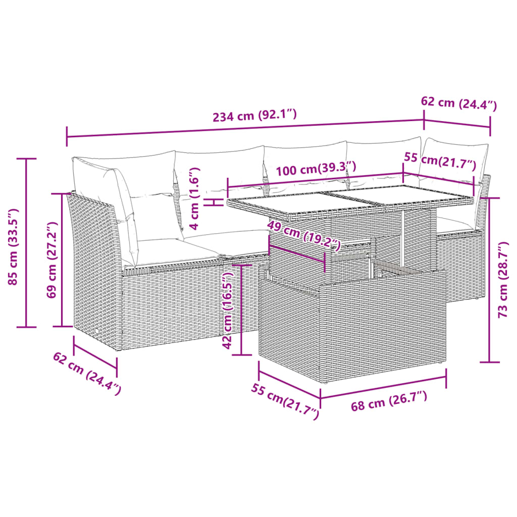 5-delige Loungeset met kussens poly rattan beige