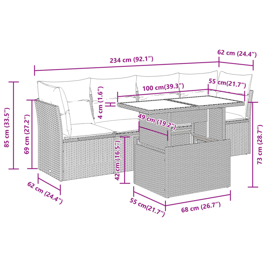 5-delige Loungeset met kussens poly rattan beige