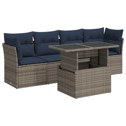 5-Delige Loungeset Met Kussens Poly Rattan Acacia 1 Grijs