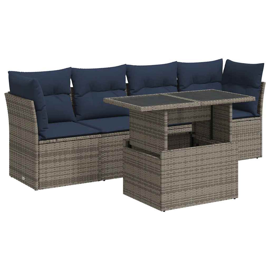 5-Delige Loungeset Met Kussens Poly Rattan Acacia 1 Grijs