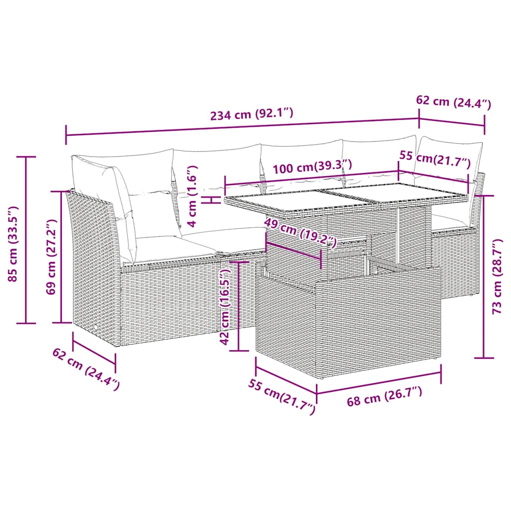 5-Delige Loungeset Met Kussens Poly Rattan Acacia 1 Grijs