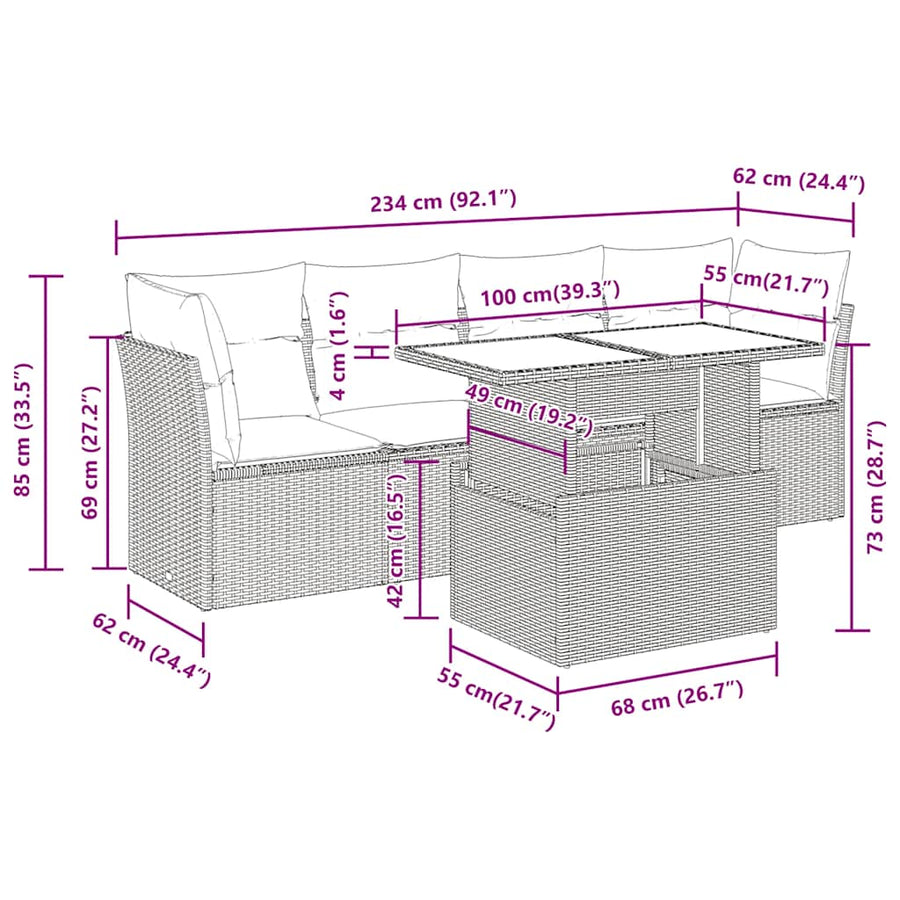 5-Delige Loungeset Met Kussens Poly Rattan Acacia 1 Grijs