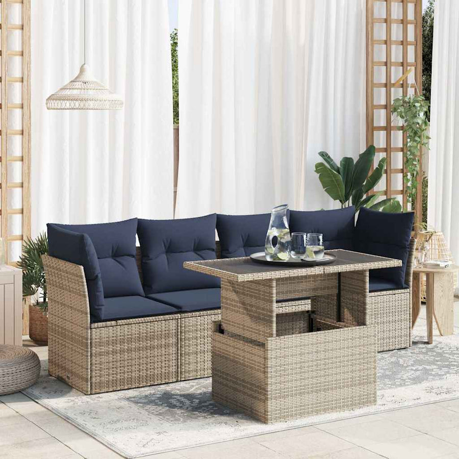5-Delige Loungeset Met Kussens Poly Rattan Acacia 1 Grijs