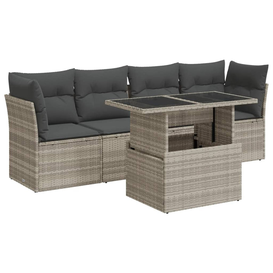 5-delige Loungeset met kussens poly rattan lichtgrijs