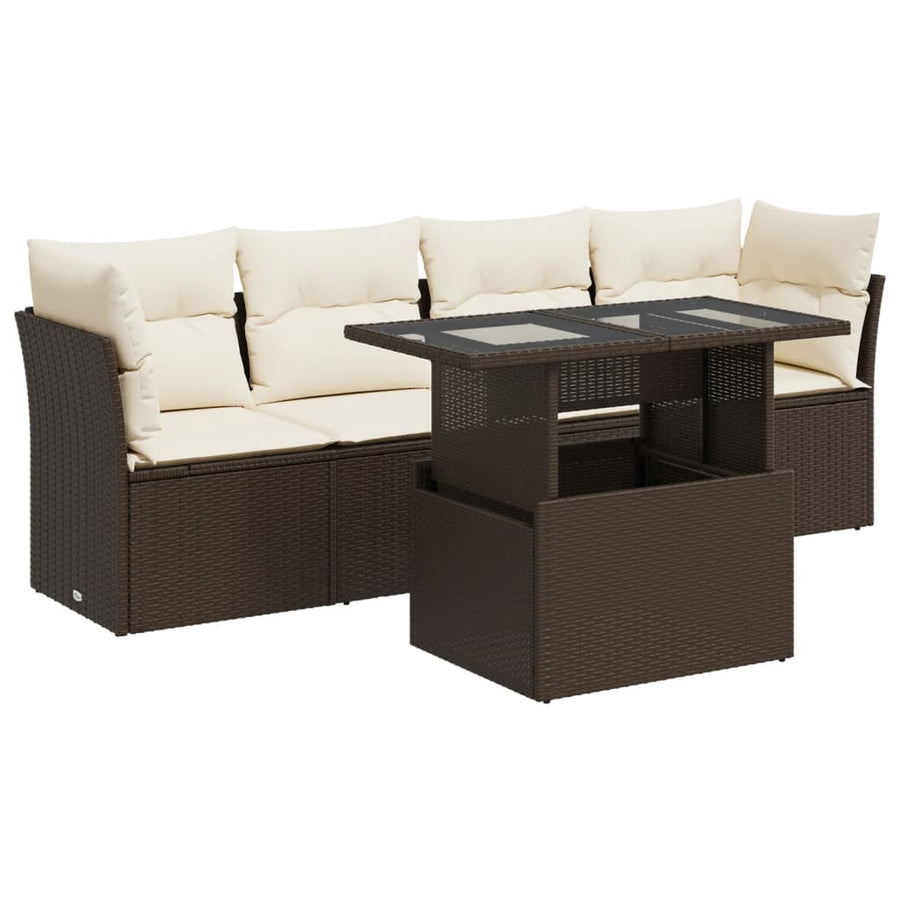 5-delige Loungeset met kussens poly rattan bruin