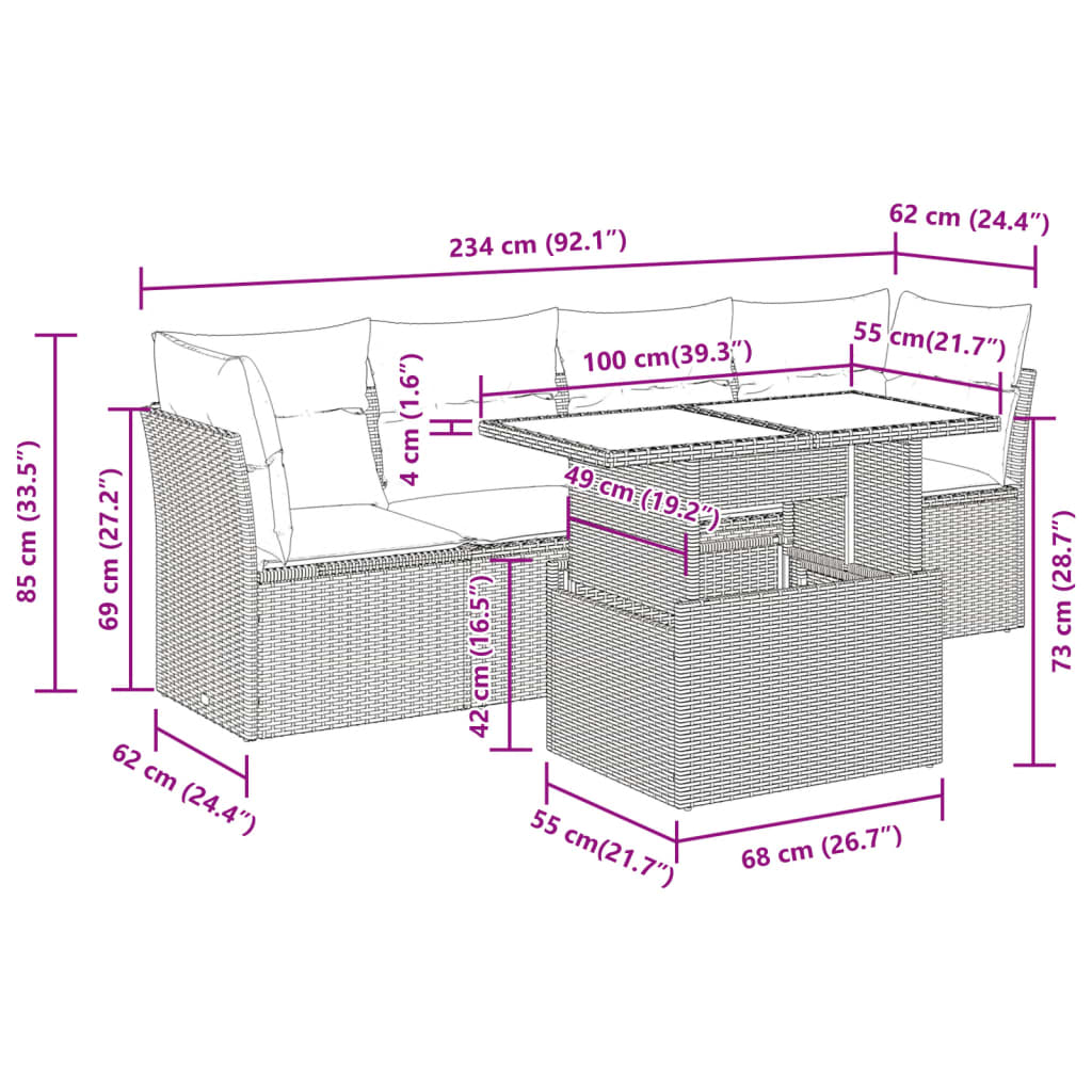 5-delige Loungeset met kussens poly rattan bruin