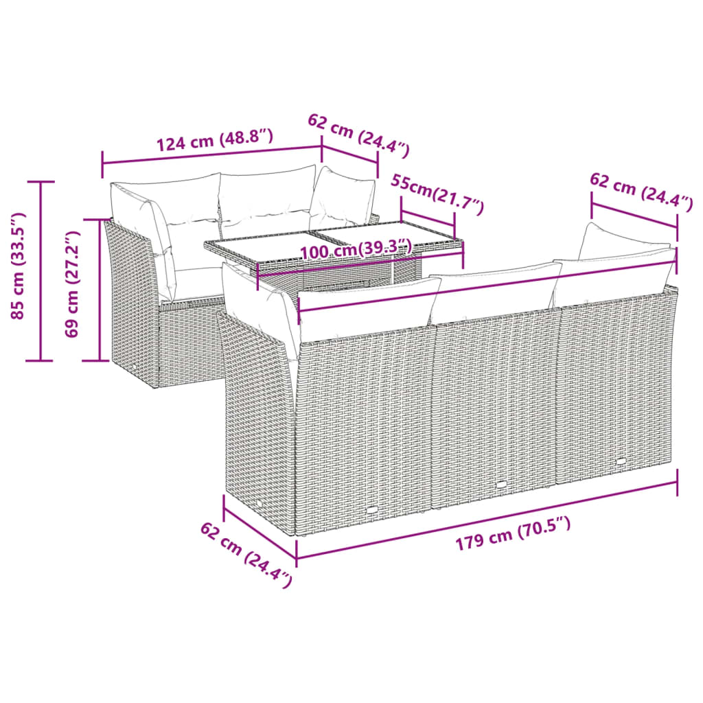 6-delige Loungeset met kussens poly rattan grijs