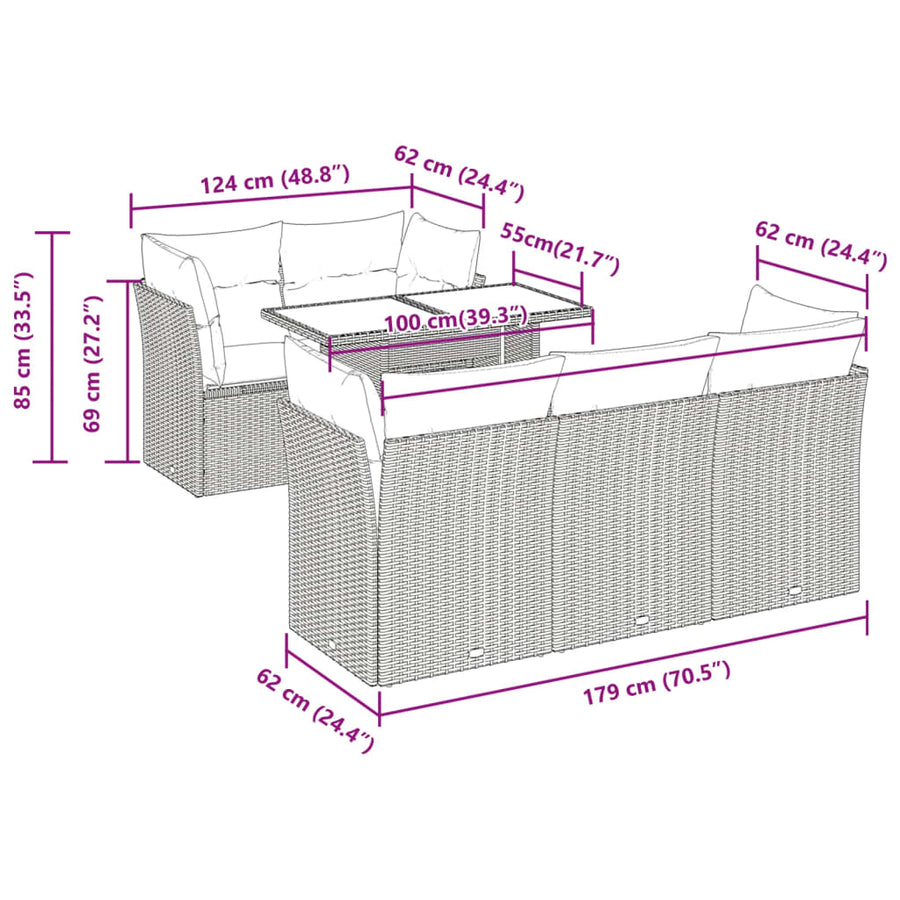 6-delige Loungeset met kussens poly rattan grijs