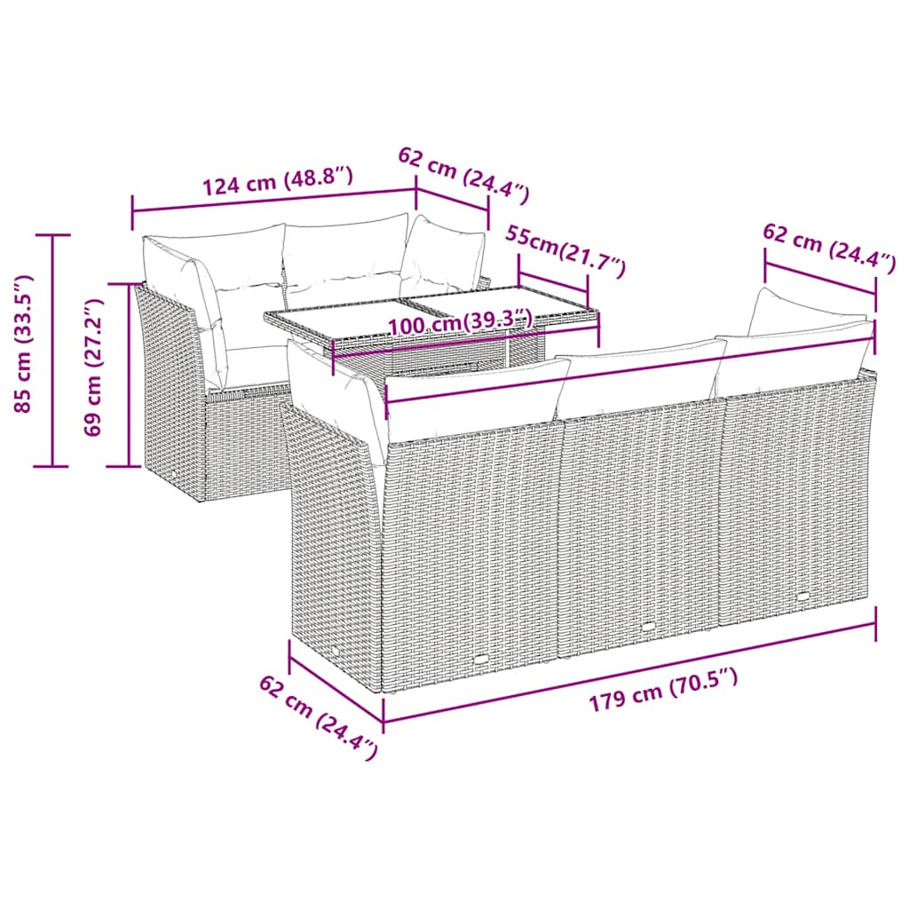 6-Delige Loungeset Met Kussens Poly Rattan Acacia Grijs
