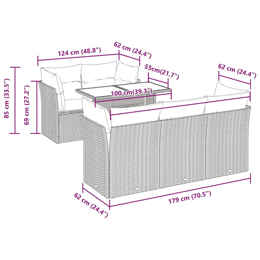6-Delige Loungeset Met Kussens Poly Rattan Acacia Grijs