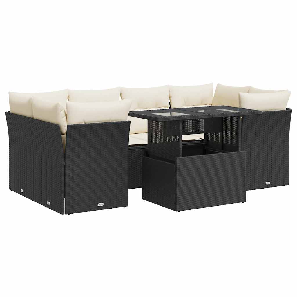 7-delige Loungeset met kussens poly rattan zwart