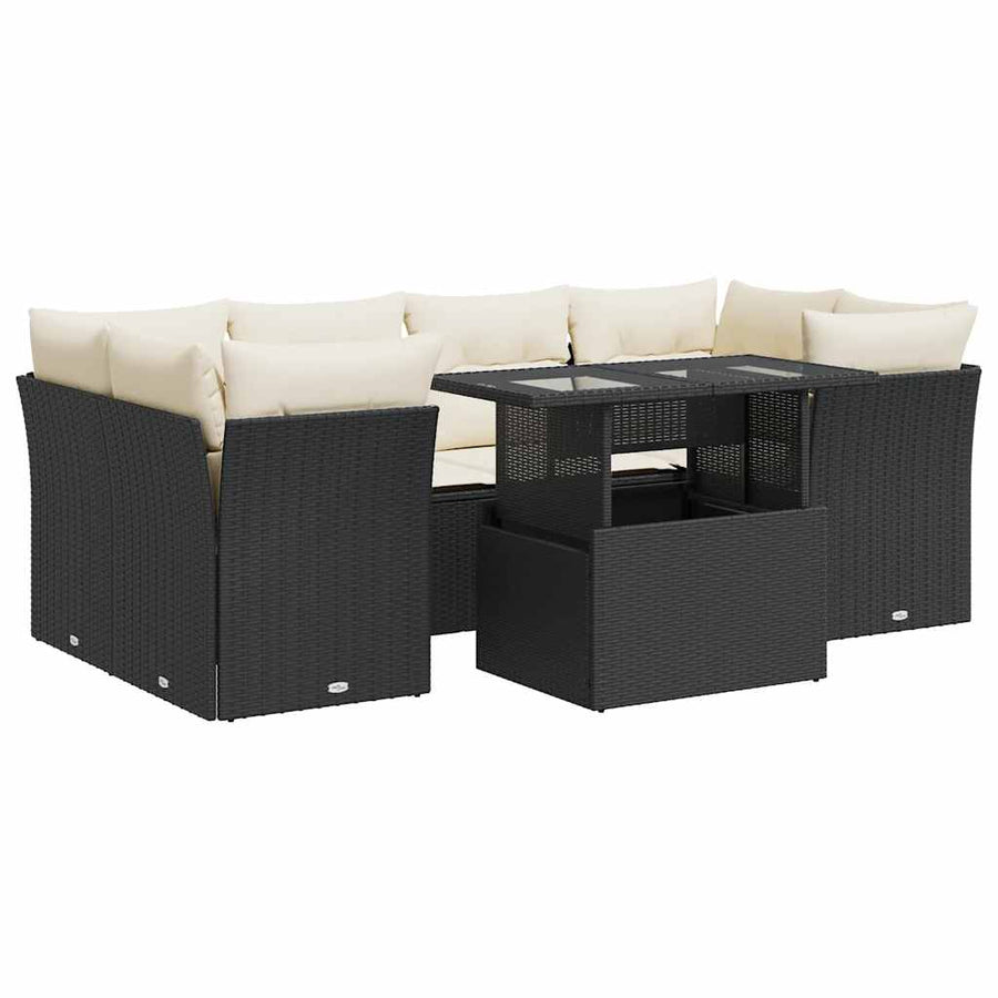 7-delige Loungeset met kussens poly rattan zwart