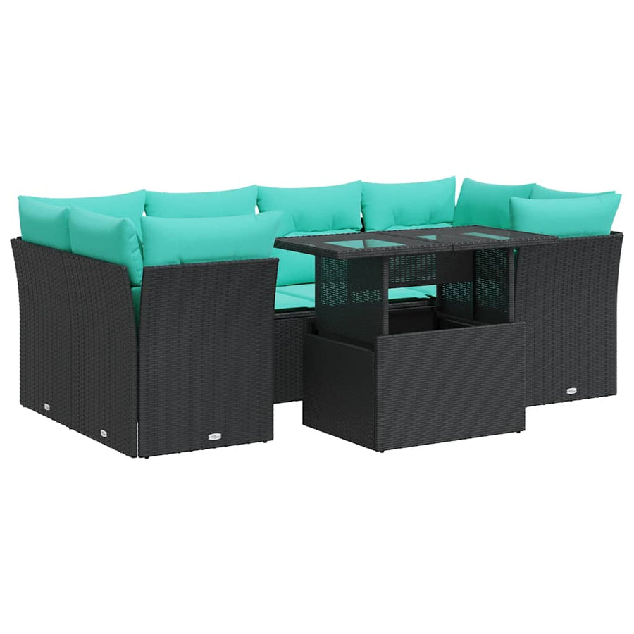 7-delige Loungeset met kussens poly rattan acacia zwart