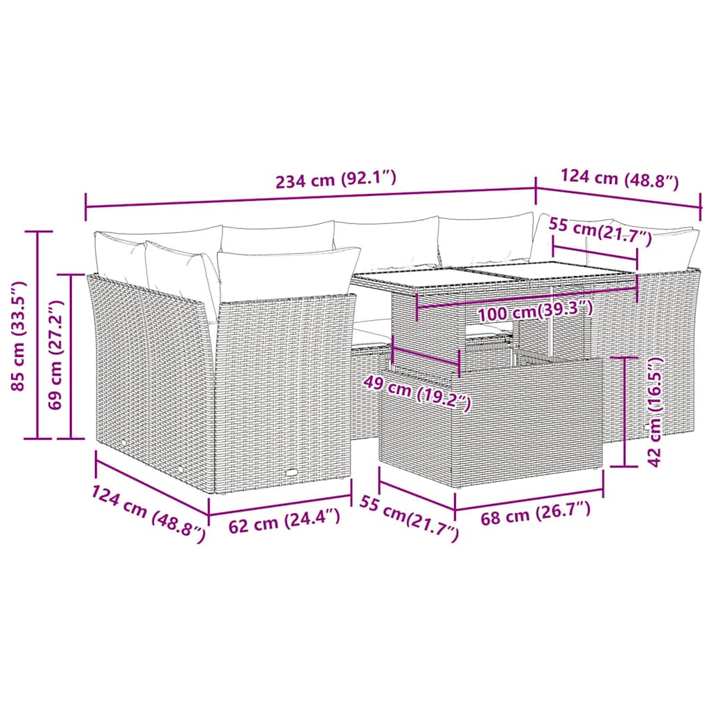 7-delige Loungeset met kussens poly rattan acacia zwart