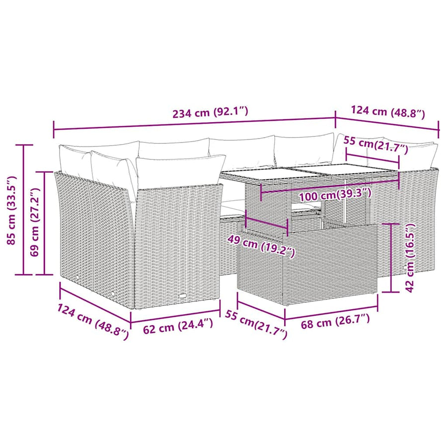 7-delige Loungeset met kussens poly rattan acacia zwart