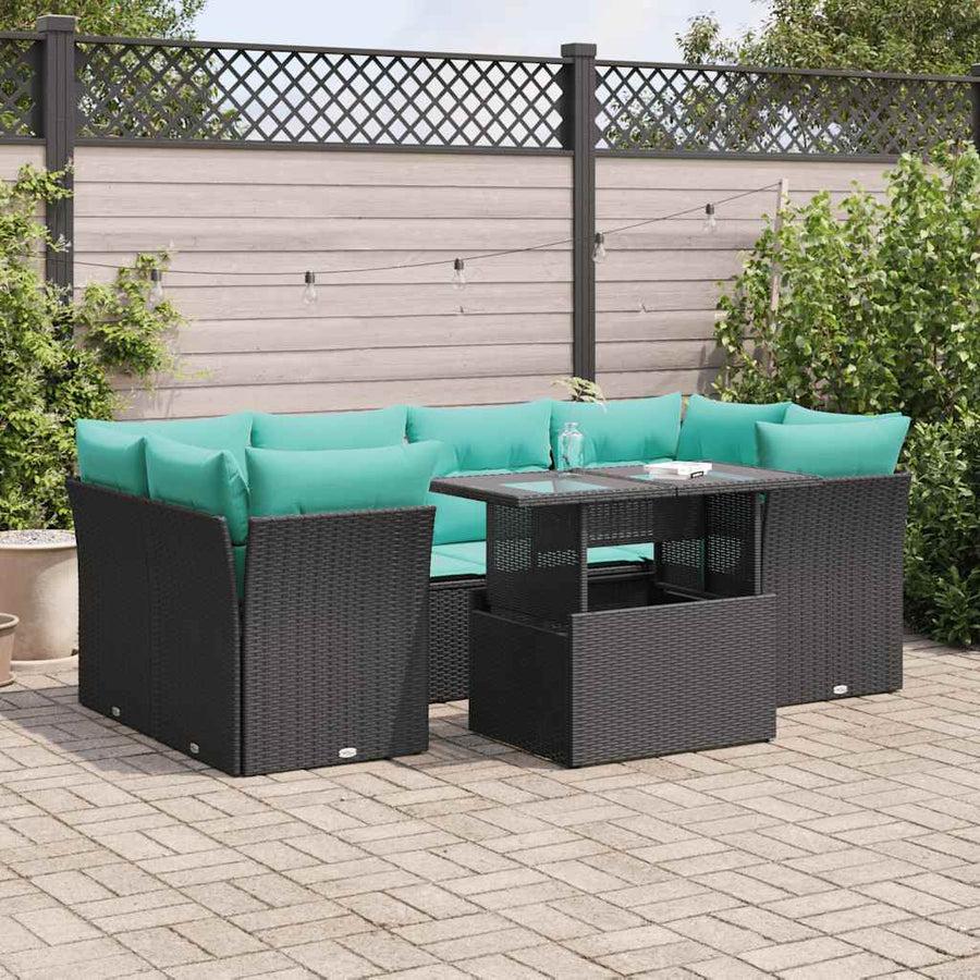 7-delige Loungeset met kussens poly rattan acacia zwart