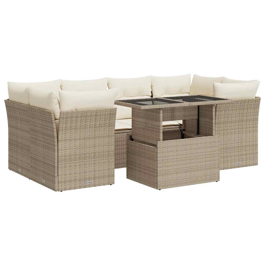 7-delige Loungeset met kussens poly rattan beige