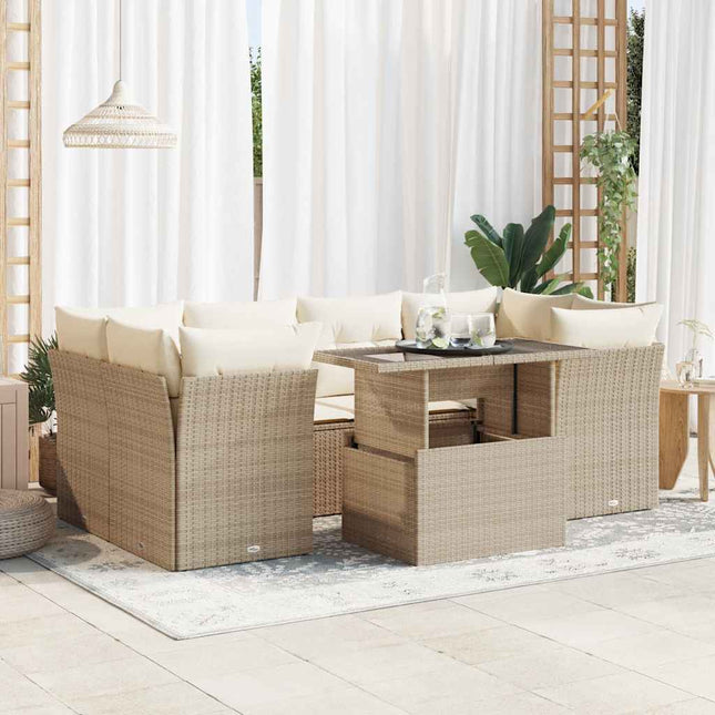 7-delige Loungeset met kussens poly rattan beige