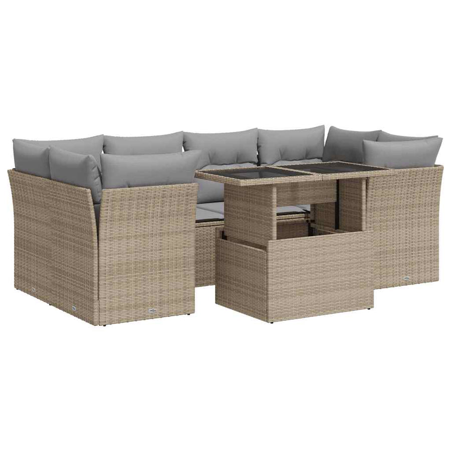 7-delige Loungeset met kussens poly rattan beige
