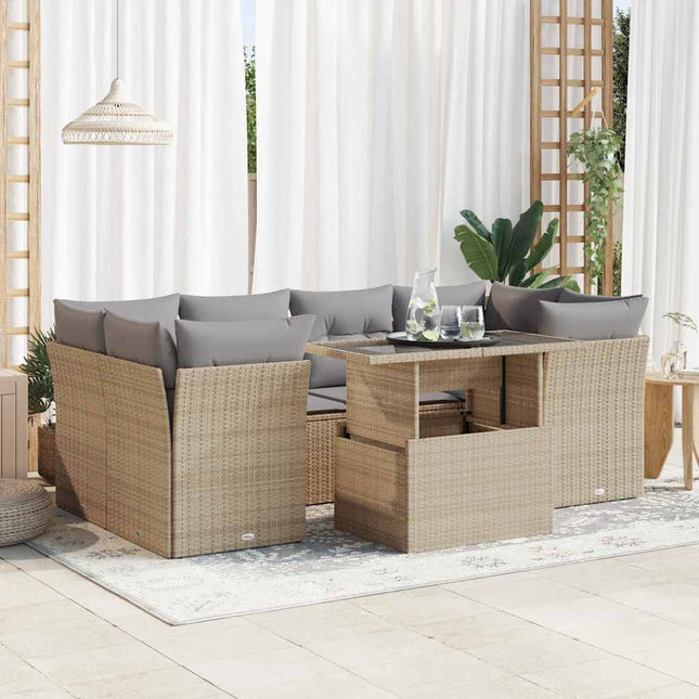 7-delige Loungeset met kussens poly rattan beige