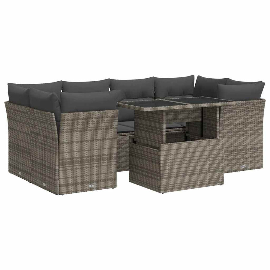7-delige Loungeset met kussens poly rattan grijs