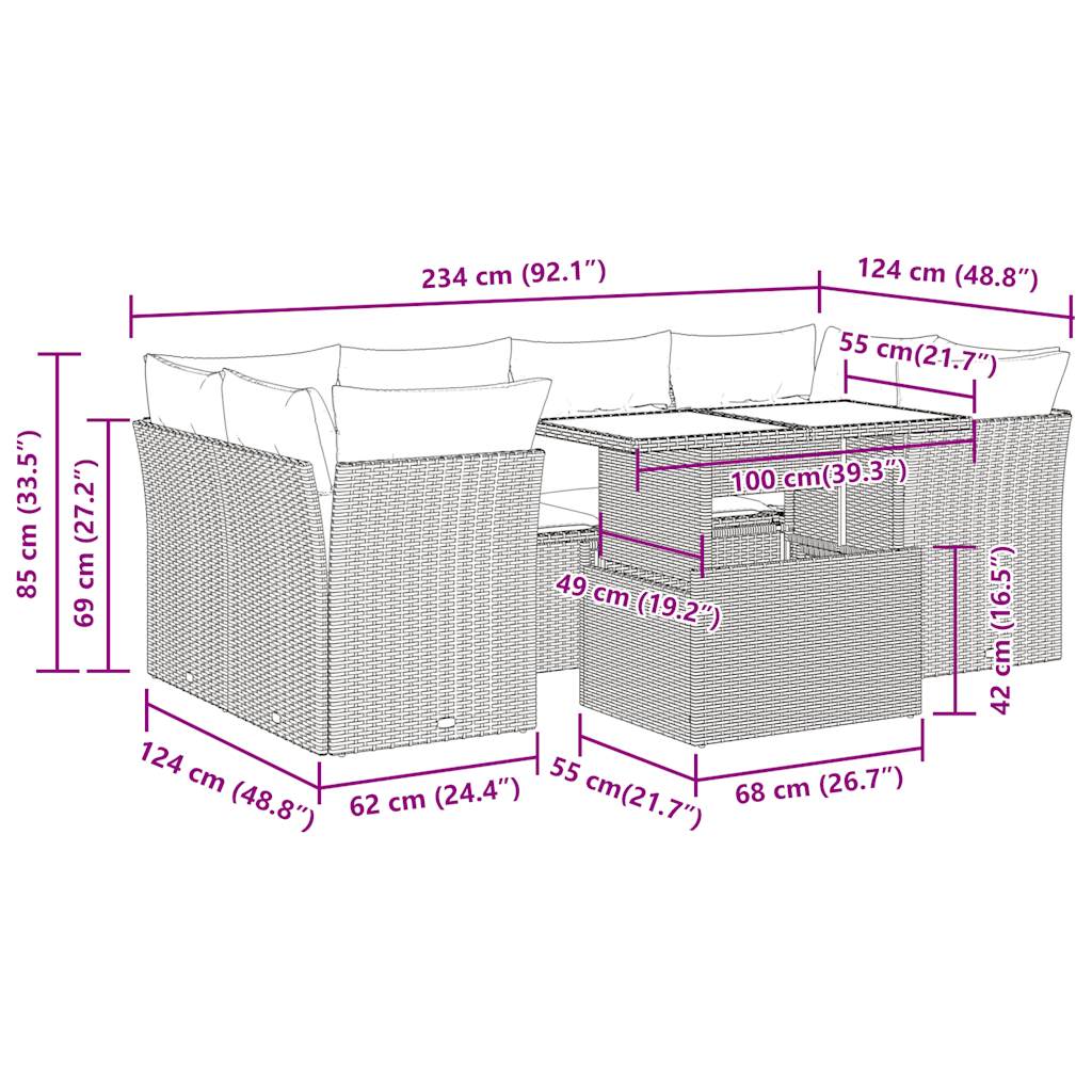 7-delige Loungeset met kussens poly rattan grijs