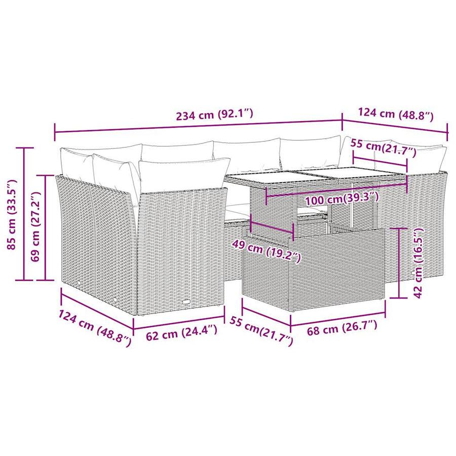 7-delige Loungeset met kussens poly rattan grijs