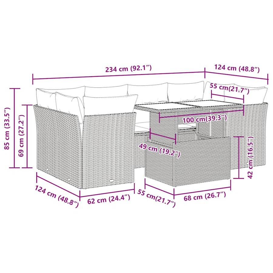 7-Delige Loungeset Met Kussens Poly Rattan Acacia Grijs