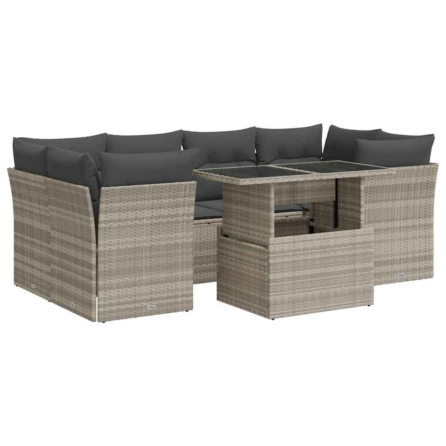 7-delige Loungeset met kussens poly rattan lichtgrijs