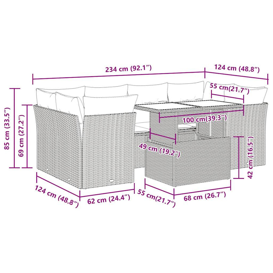 7-delige Loungeset met kussens poly rattan lichtgrijs