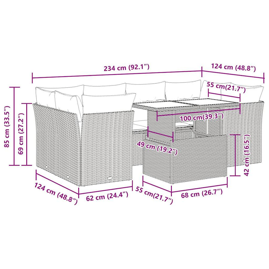 7-delige Loungeset met kussens poly rattan bruin