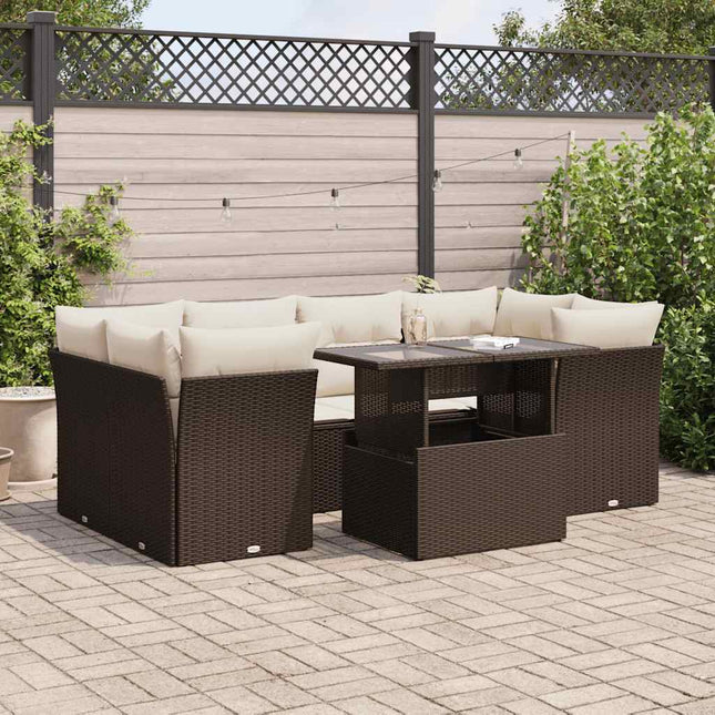 7-delige Loungeset met kussens poly rattan bruin