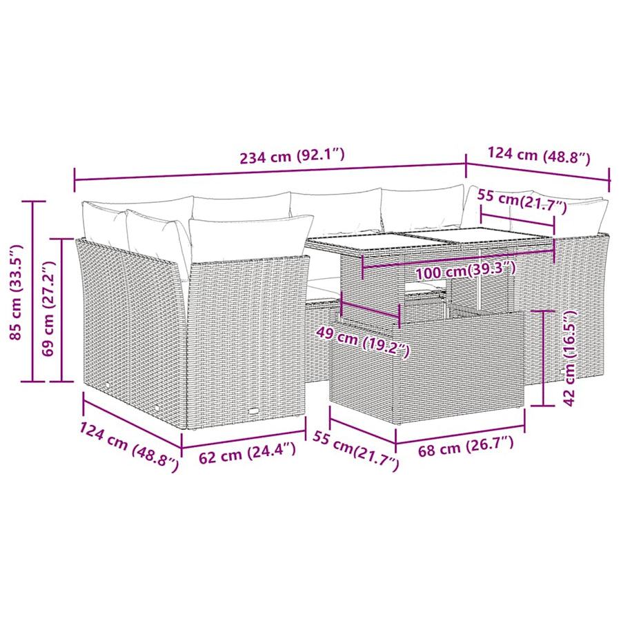 7-Delige Loungeset Met Kussens Poly Rattan Acacia Bruin