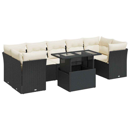 8-delige Loungeset met kussens poly rattan zwart