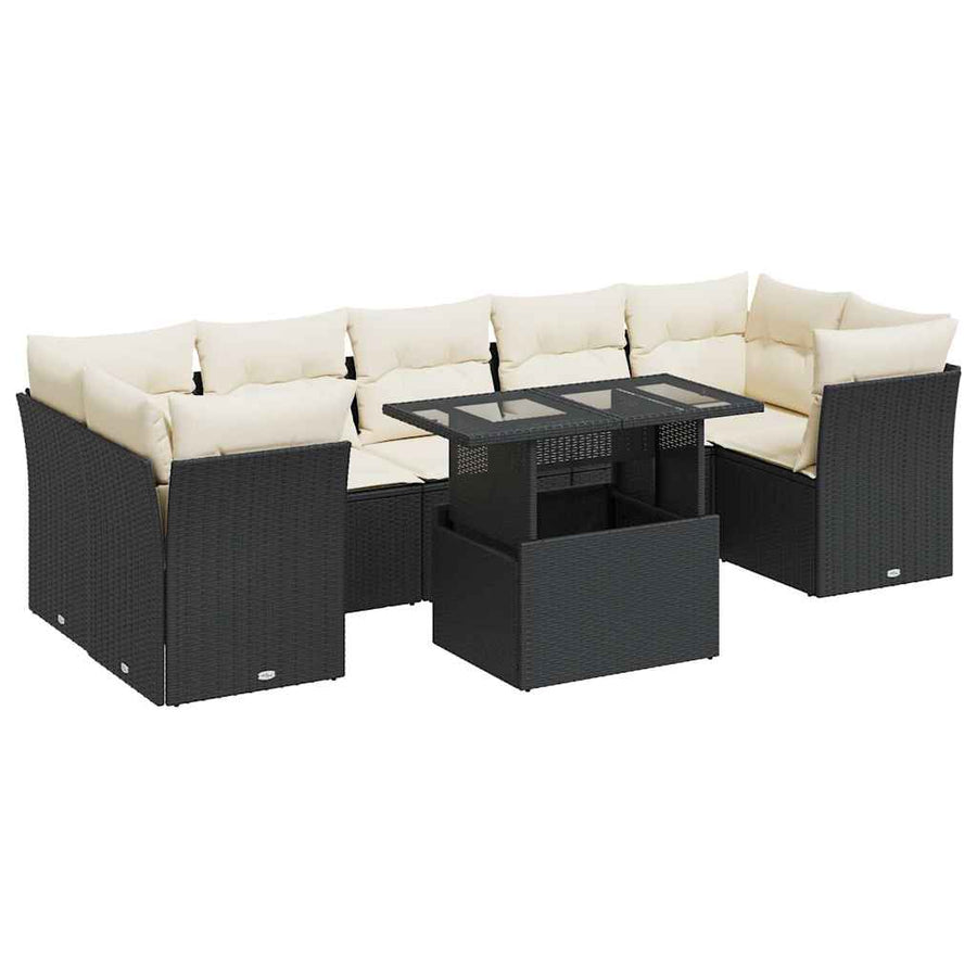 8-delige Loungeset met kussens poly rattan zwart