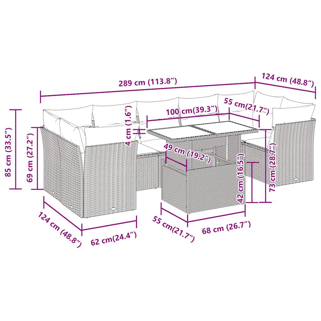 8-delige Loungeset met kussens poly rattan zwart