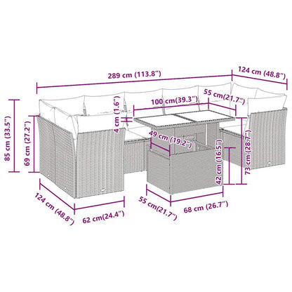 8-delige Loungeset met kussens poly rattan zwart