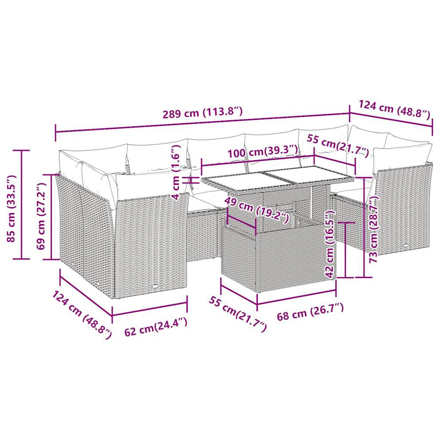8-delige Loungeset met kussens poly rattan zwart
