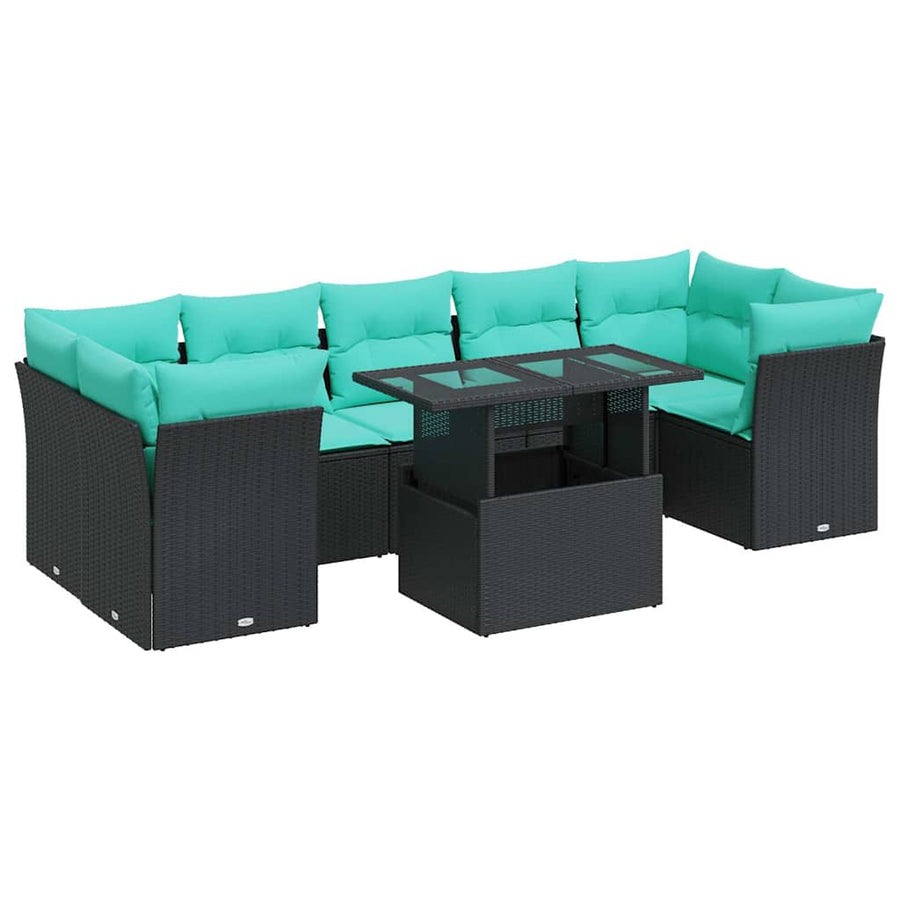 8-delige Loungeset met kussens poly rattan acacia zwart
