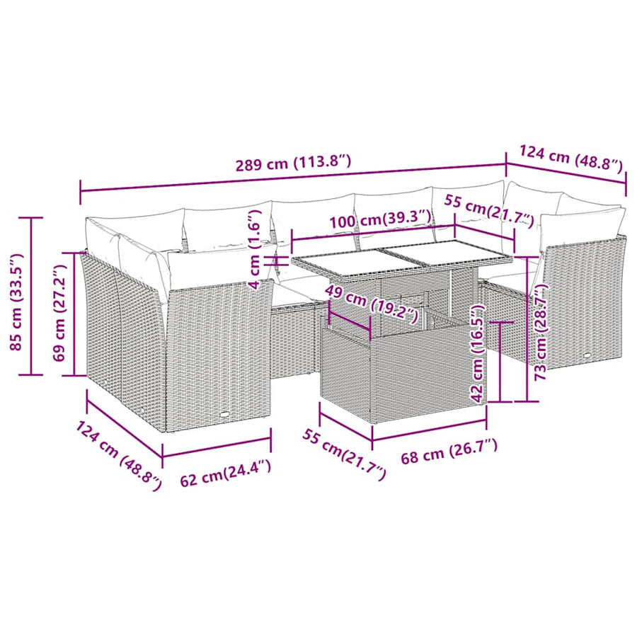 8-delige Loungeset met kussens poly rattan acacia zwart