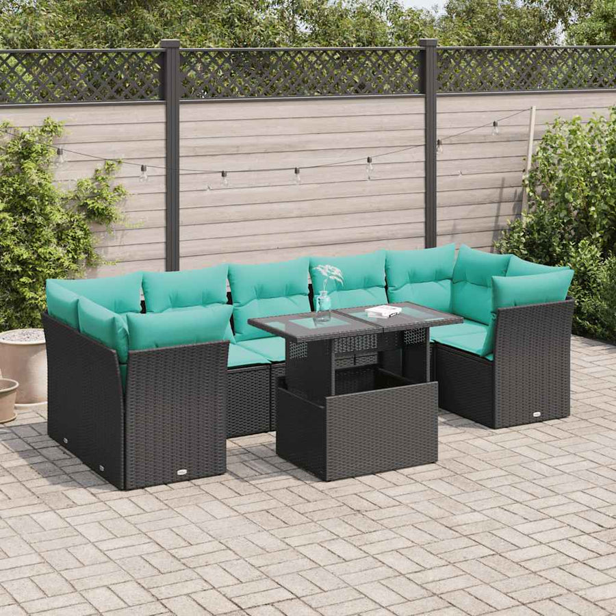 8-delige Loungeset met kussens poly rattan acacia zwart