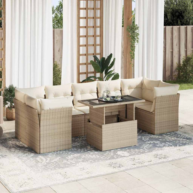 8-delige Loungeset met kussens poly rattan beige