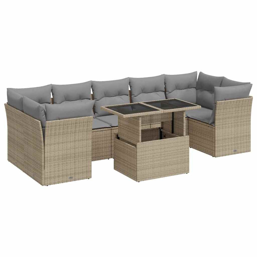 8-delige Loungeset met kussens poly rattan beige